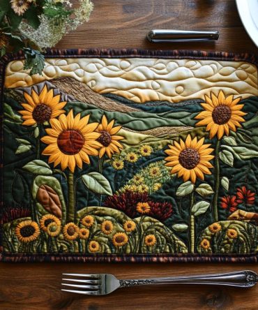 Sunflower Fields Quilted Dining Placemat — Bright Sunflower Cotton Mat for Kitchen Table, Casual & Seasonal Decor