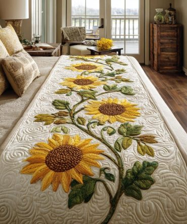 Sunflower Glow Quilted Bed Runner — Warm Sunflower Decorative Bed Scarf For Queen & King Beds, Cozy Accent & Easy Care — Brighten Bedrooms