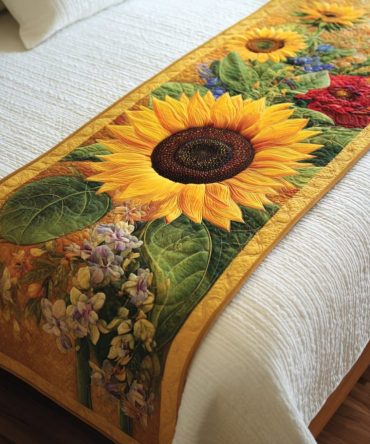 Sunflower Grace Quilted Bed Runner — Elegant Sunflower Decorative Bed Scarf, Reversible Cotton-Blend Accent For Serene Bedrooms