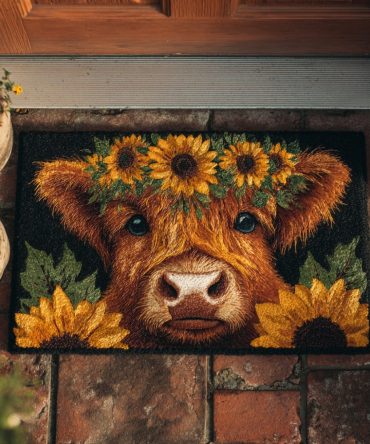 Sunflower Highland Welcome Mat - Bright Floral Outdoor Front Door Rug With Highland Cow & Sunflowers, Durable Porch Accent