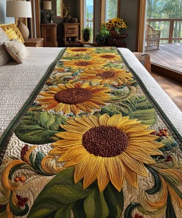Sunflower Meadow Quilted Bed Runner — Floral Country Bed Scarf, Cotton-Blend Quilting, Reversible Accent For Queen & King Beds