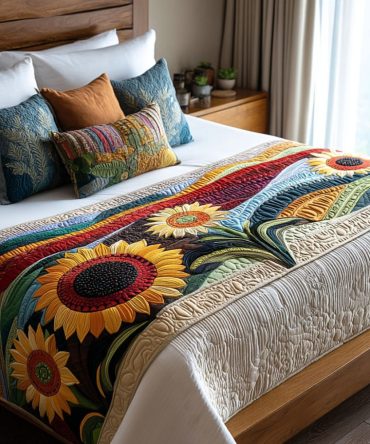 Sunflower Meadows Quilted Bed Runner – Bright Floral Bedding Accent, Lightweight Cotton Blend For Queen & King Beds