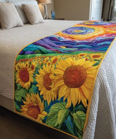 Sunflower Path Quilted Bed Runner — Rustic Sunflower Decorative Bed Scarf, Reversible Cotton-Blend Accent For Cozy Farmhouse Style