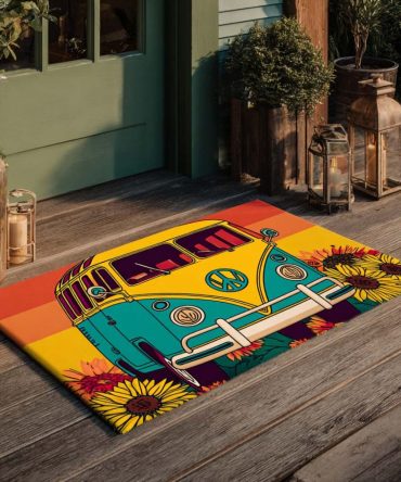Sunflower Peace Van Front Door Mat – Cheerful Retro Camper Welcome Rug With Sunflower Motif, Durable Outdoor Coir Porch Mat