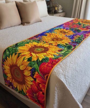 Sunflower Touch Quilted Bed Runner — Cheerful Sunflower Decorative Bed Scarf, Reversible Cotton-Blend Accent For Bedroom Refreshes