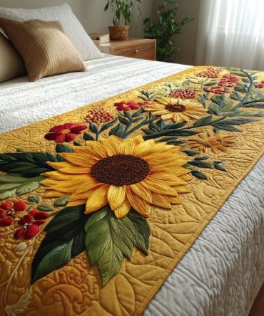 Sunflower Trails Quilted Bed Runner - Bright Floral Bed Scarf For Summer & Spring, Lightweight Cotton Decorative Accent