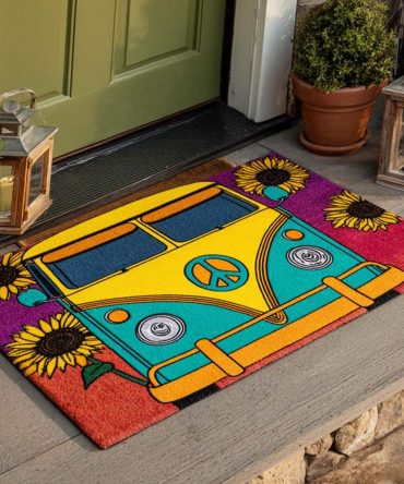Sunflower Peace Camper Welcome Mat – Cheerful Retro Van Doormat With Sunflower Accent, Durable Outdoor Coir Rug For Front Door