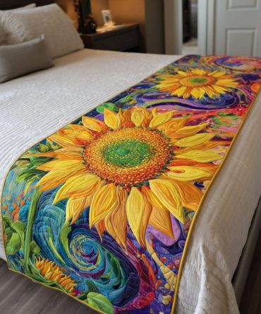 Sunflower Vibe Quilted Bed Runner — Bright Yellow Floral Accent Throw For Cheerful Bedroom Makeovers, Lightweight & Washable