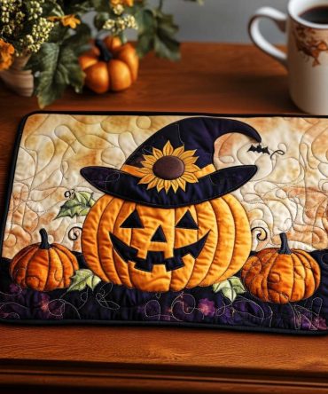 Handmade Sunflower Witch Quilted Placemat — Halloween Sunflower Table Decor, Durable 12X18 Cotton Mat For Fall Entertaining