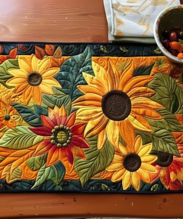 Sunflowers Garden Quilted Placemat — Bright Floral Table Mat, Uv-Resistant Cotton, Machine Washable, Rustic Summer Kitchen & Gift Idea