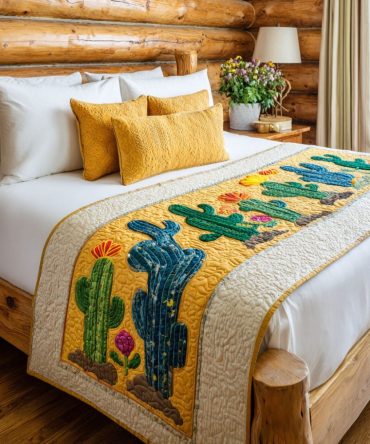 Sunkissed Spines Quilted Bed Scarf — Sunlit Decorative Runner For Foot Of Bed, Reversible, Soft Cotton-Blend