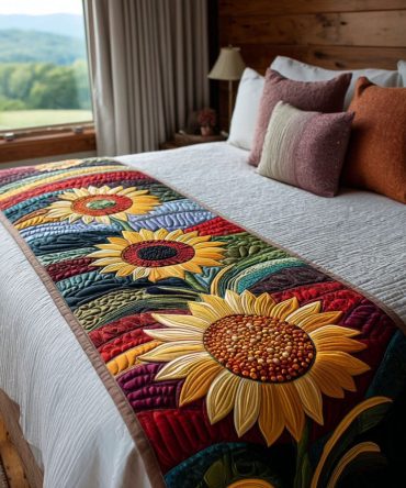 Sunlit Flower Fields Quilted Bed Runner — Sun-Kissed Floral Embroidery On Cotton, Decorative Runner For Beds, Sofas & Benches