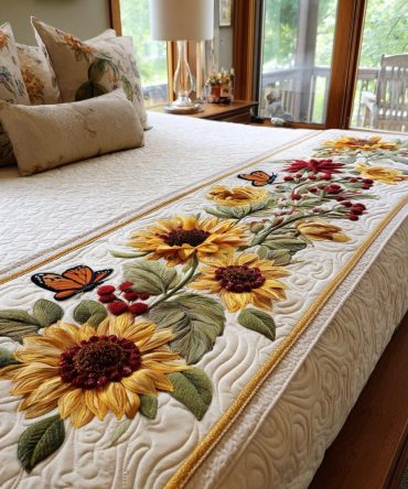 Sunlit Garden Quilted Bed Runner — Floral Bed Scarf For Bright Bedroom Makeover, Cotton-Blend, Reversible, Fits Queen/King