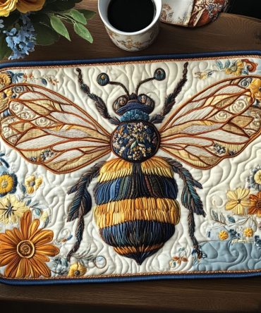 Sunlit Honeybee Quilted Placemat - Cheerful Honeybee and Floral Design, Sun-Kissed Yellow Cotton, Machine Washable Summer Table Essential