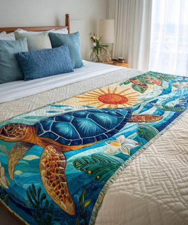 Sunlit Shell Quilted Bed Scarf — Coastal Bed Runner With Shell Motif, Reversible Lightweight Accent For Bedrooms