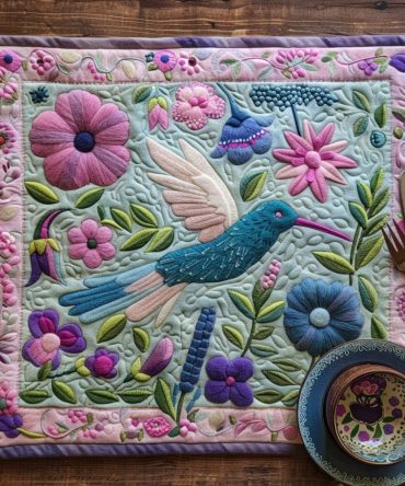 Sunny Day Bird Parade Quilted Placemat — 12x18 Cheerful Bird Pattern, Bright Table Mat, Cotton-Blend, Machine-Washable, Kitchen Decor