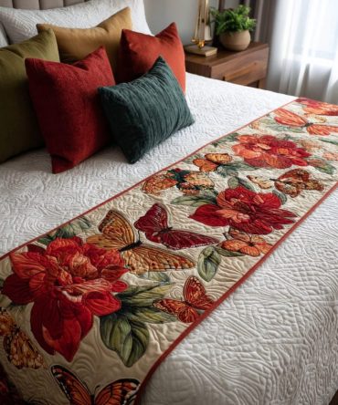 Sunny Butterfly Quilted Bed Runner – Bright Floral & Butterfly Bedding Accent, Lightweight Quilted Runner For Cheerful Seasonal Bedroom Refresh