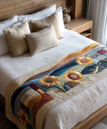 Sunny Fields Of Gold Quilted Bed Runner — Golden Meadow Floral Design, Bright Cotton Decorative Runner For Cheerful Bedrooms