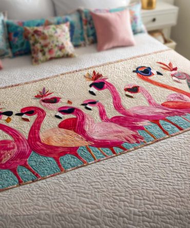 Sunlit Bird Print Quilted Bed Runner — Cheerful Yellow Flock Design Bed Scarf, Lightweight Summer Bedding Accent