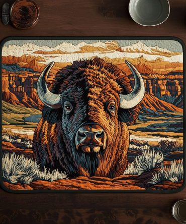 Southwestern Quilted Placemat with Bison Motif — Warm Sunset Colors, Heat-Resistant & Machine-Washable Table Mat to Enhance Rustic Dining
