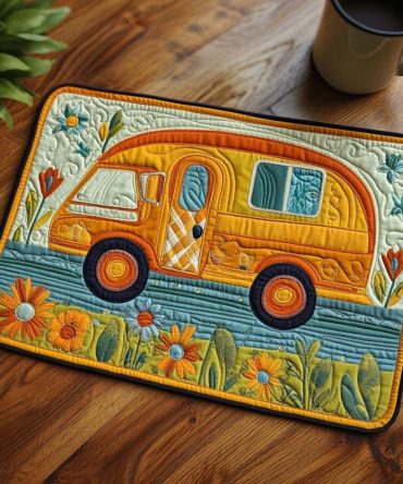 Sunset Camper Quilted Placemat — Retro Rv & Camper Table Decor, Durable 12X18 Cotton Mat For Outdoor-Themed Dining & Gifts