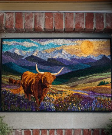 Sunset Highland Cow Welcome Mat - Scenic Outdoor Front Door Rug With Highland Cow Print, Durable Weatherproof Porch Accent