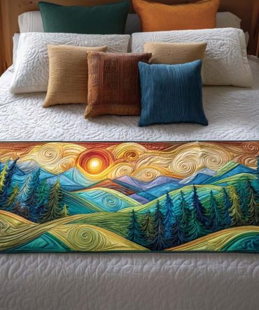 Sunset Hillscape Quilted Bed Runner — Scenic Sunset Quilted Bed Scarf For Country & Coastal Bedrooms, Vibrant Decorative Accent