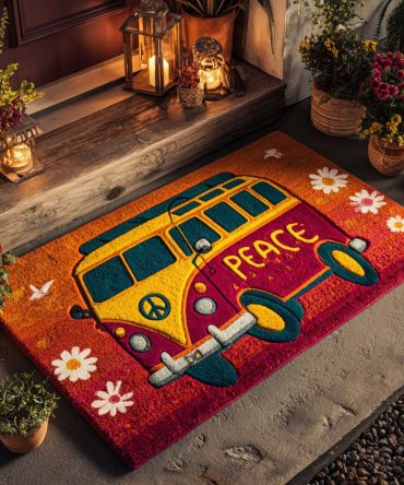 Sunset Peace Van Retro Doormat - Vintage Van Welcome Mat With Sunset Graphic, Durable Non-Slip Outdoor/Indoor Entry Rug