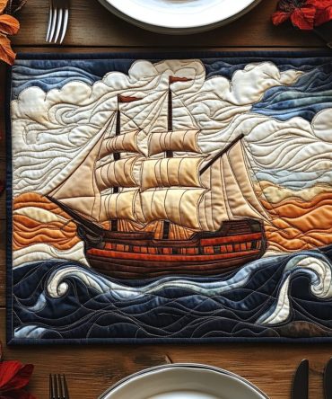 Sunset Sails Quilted Table Placemat — Warm Sunset Marina Pattern, Durable Heat-Resistant Mat, Easy-Care Dining Accent For Entertaining