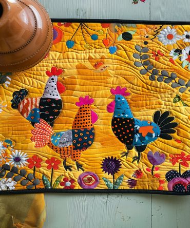 Sunshine Chickens Garden Quilted Placemat — Charming Farmhouse Chicken Design on Soft Cotton Quilted Table Mat for Rustic Kitchens