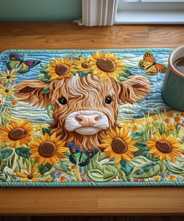 Farmhouse Sunshine Cow Quilted Placemat — Durable Cotton Table Mat, Heat-Resistant & Machine Washable for Rustic Kitchen Décor