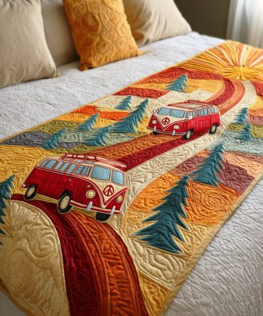 Sunshine Peace Van Bright Quilted Bed Runner — Sunny Retro Van Motif Decorative Scarf, Vibrant Boho Bedroom Accent For King & Queen Beds
