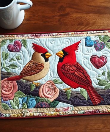 Sweet Cardinal Hearts Quilted Placemat — Romantic Winter Table Accent, Padded Quilted Protection, Festive & Machine-Washable for Cozy Gatherings