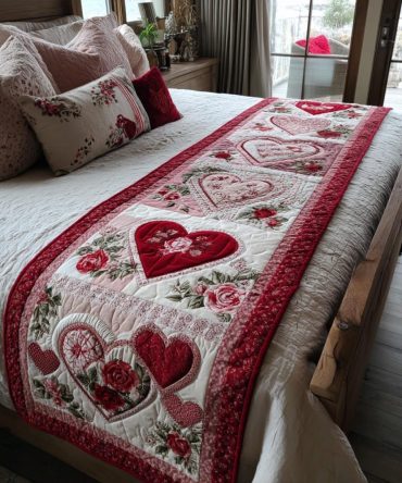 Sweet Hearts Quilted Bed Runner - Cute Heart Pattern Bed Scarf In Soft Tones , Decorative Throw For Children'S Rooms Or Romantic Boudoir