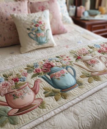Tea Blossom Floral Quilted Bed Scarf - Elegant Botanical Bed Runner, Lightweight Cotton Blend, Spring Bedroom Accent