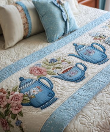 Tea Rose Whispers Quilted Bed Runner — Delicate Rose Pattern Bed Scarf, Soft Cotton Blend, Perfect For Feminine & Vintage Bedrooms