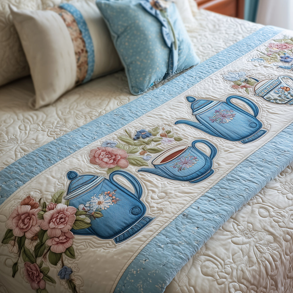 Tea Rose Whispers Quilted Bed Runner — Delicate Rose Pattern Bed Scarf, Soft Cotton Blend, Perfect For Feminine & Vintage Bedrooms