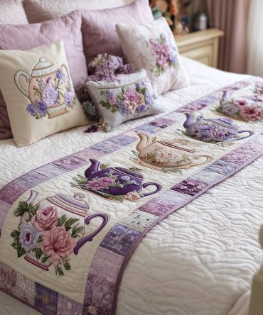 Tea Time Joy Quilted Bed Runner — Cheerful Floral Bed Scarf, Lightweight Quilting, Perfect Accent For Cozy & Bright Bedrooms