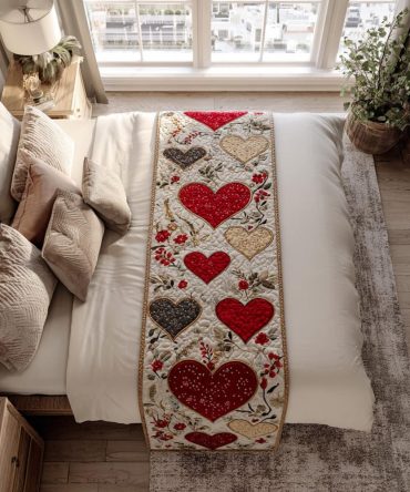 Tender Hearts Quilted Bed Runner — Charming Heart Motif Bed Scarf For Romantic Bedroom Styling, Soft Reversible Design
