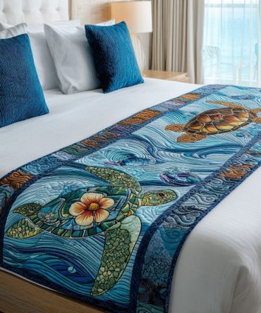 Earthy Tortoise Quilted Bed Runner - Terra Tones Bed Scarf With Organic Pattern, Durable Cotton Layer For Queen & King Beds