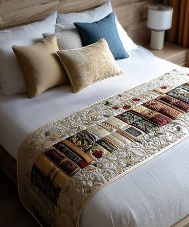The Book Nook Quilted Bed Runner — Cozy Literary-Themed Bed Scarf, Hand-Quilted Cotton Accent For Reading Corners & Bedrooms