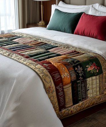 Cozy Literary Quilted Bed Runner — Hand-Sewn Cotton Throw With Bookish Botanical Motif, Luxury Bedroom Accent For Queen & King Beds