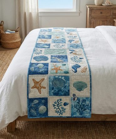 Cape Cod Mosaic Quilted Bed Runner — Classic New England Coastal Bedding Accent, Quilted Cotton-Blend Throw With Nautical Motif For Beach Homes