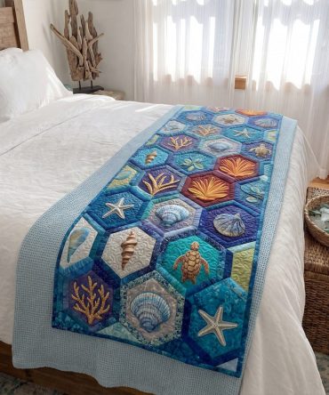 Mystic Shell Circle Quilted Bed Runner — Decorative Nautical Shell Pattern, Quilted Cotton-Blend Throw To Add Coastal Charm & Texture To Any Bed