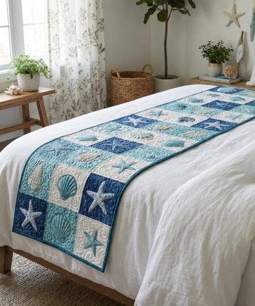 Sirens Sandstone Quilted Bed Runner — Earth-Toned Coastal Bedding Accent, Quilted Throw With Sand & Shell Motifs, Machine Washable For Beach Homes