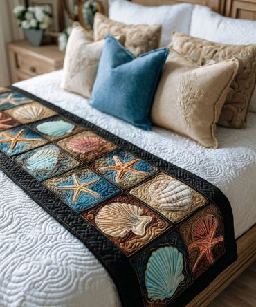 Tidal Harmony Quilted Bed Runner — Coastal Blue Quilt Runner, Nautical Bedroom Accent, Cotton-Blend, Reversible Queen/King Size