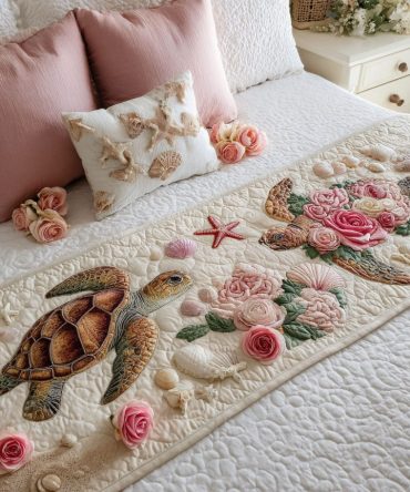 Tidal Roses Quilted Bed Runner — Coastal Rose Design Bed Scarf, Nautical Floral Quilted Accent For Beachy & Cottage Bedrooms