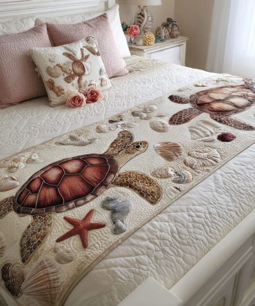 Tidal Turtle Quilted Bed Runner - Coastal Sea Turtle Bed Scarf For Beachy Bedroom Decor , Lightweight Quilted Throw For Nautical-Themed Spaces