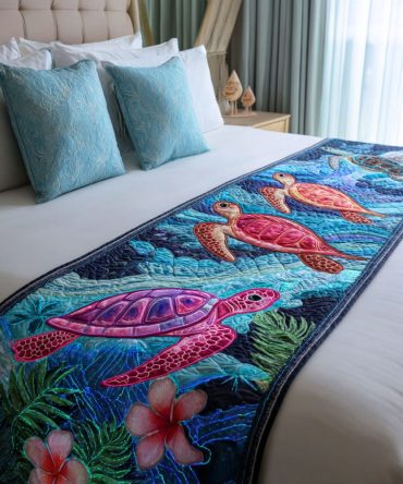 Coastal Tide Quilted Bed Runner - Nautical Striped Bed Scarf For Beach House Style, Soft Cotton Layer For Queen & King Beds