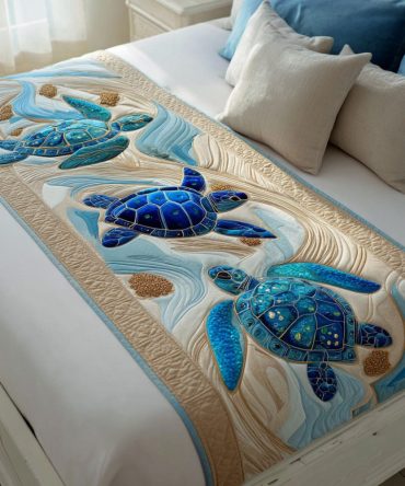 Tidepool Traveler Coastal Quilted Bed Scarf - Ocean-Inspired Bed Runner, Reversible Cotton-Blend, Beach House Décor Accent, Washable